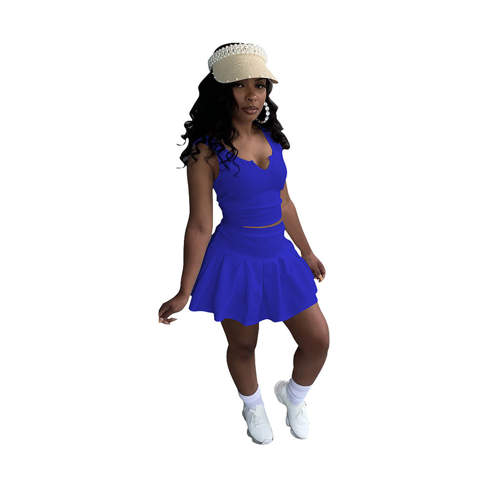 Solid Color And V-neck Sleeveless Pleated Pants Skirt Tennis Skirt Suit