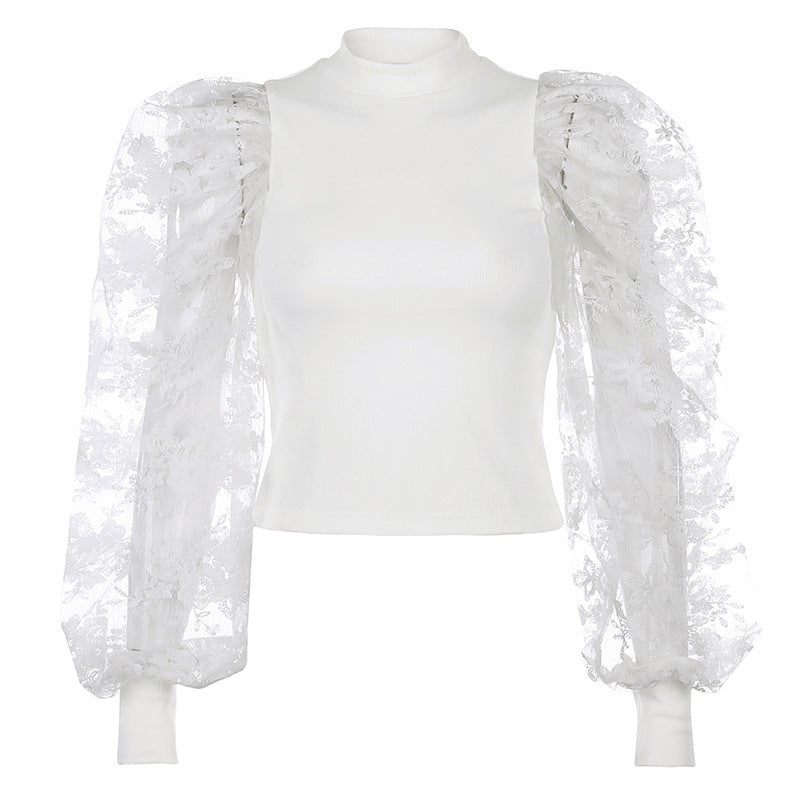 Sexy flower embroidery mesh stitching bubble sleeve jumpsuit