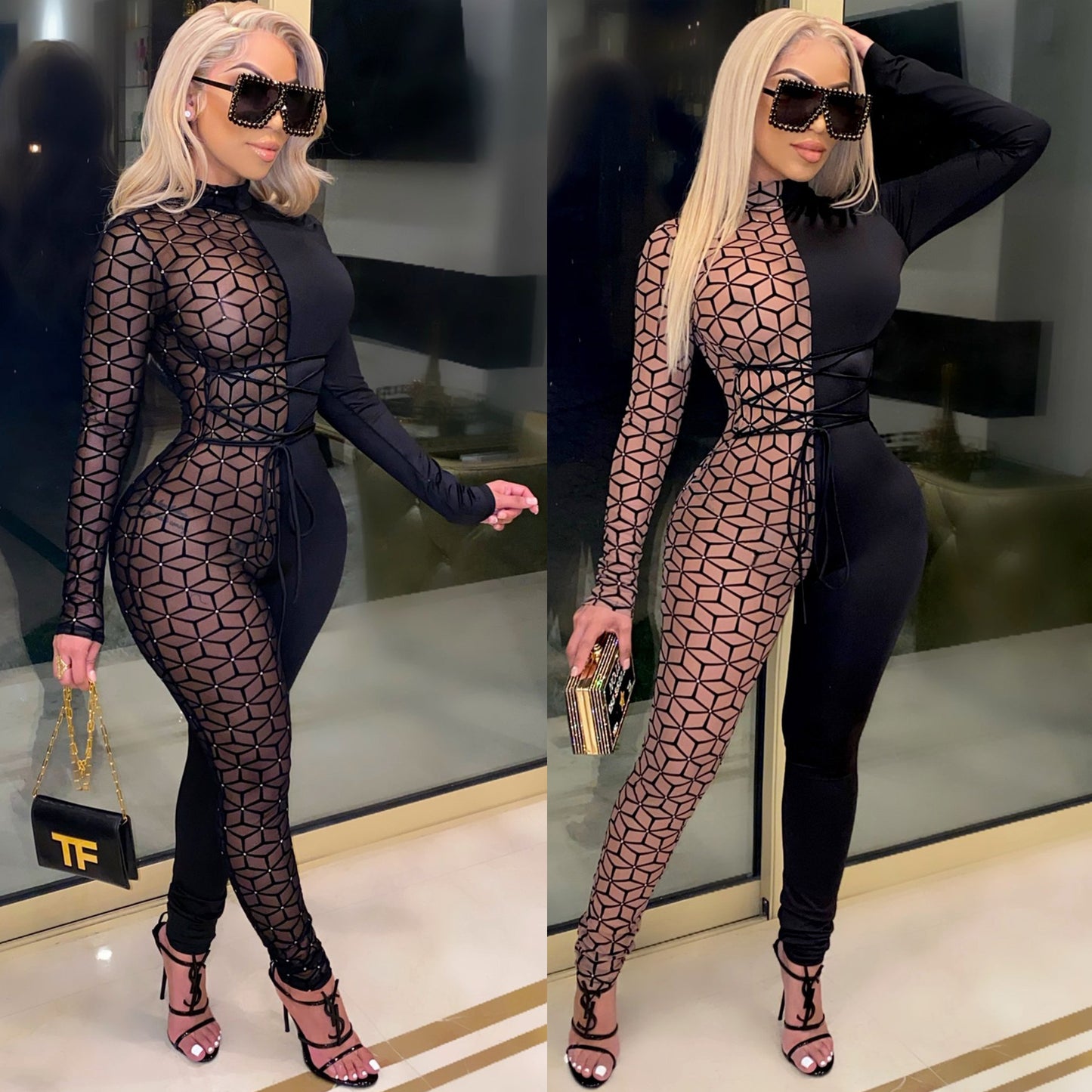 Mesh Stitching Color Long-Sleeved Jumpsuit