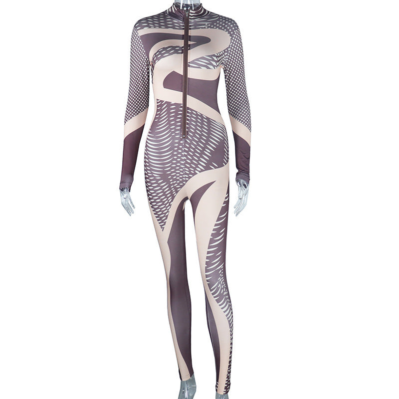 Irregular Fashion Printed Long Sleeve Long Tight Sports Jumpsuit