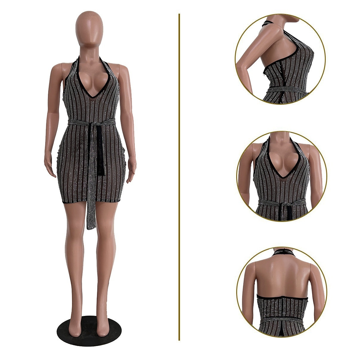 New European And American Women's Clothing Sexy Slim Fit Rhinestone V-neck Sleeveless Dress