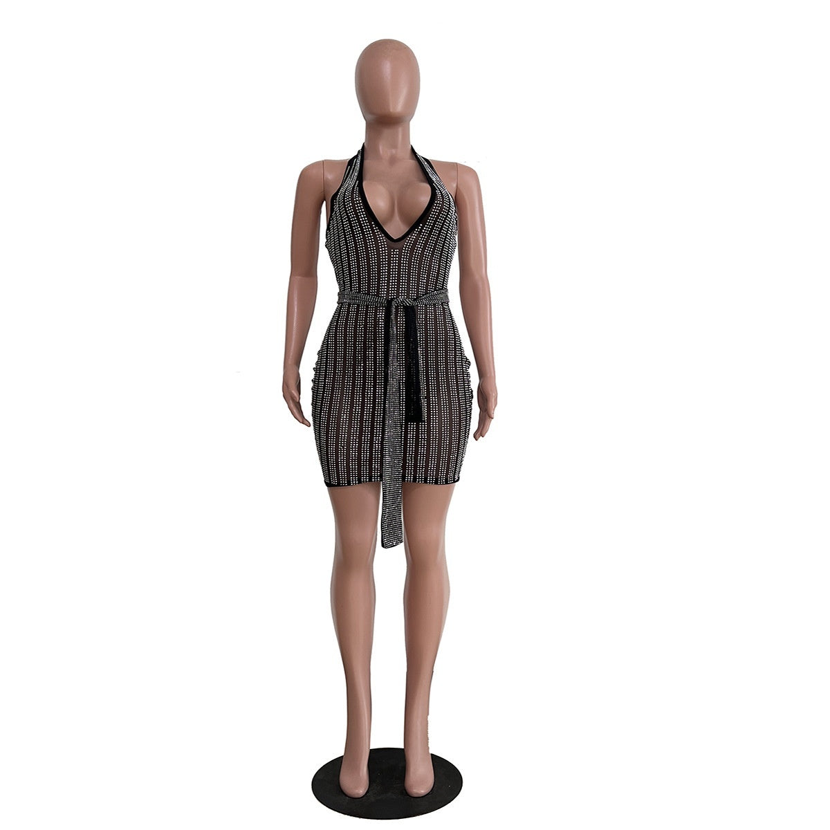 New European And American Women's Clothing Sexy Slim Fit Rhinestone V-neck Sleeveless Dress