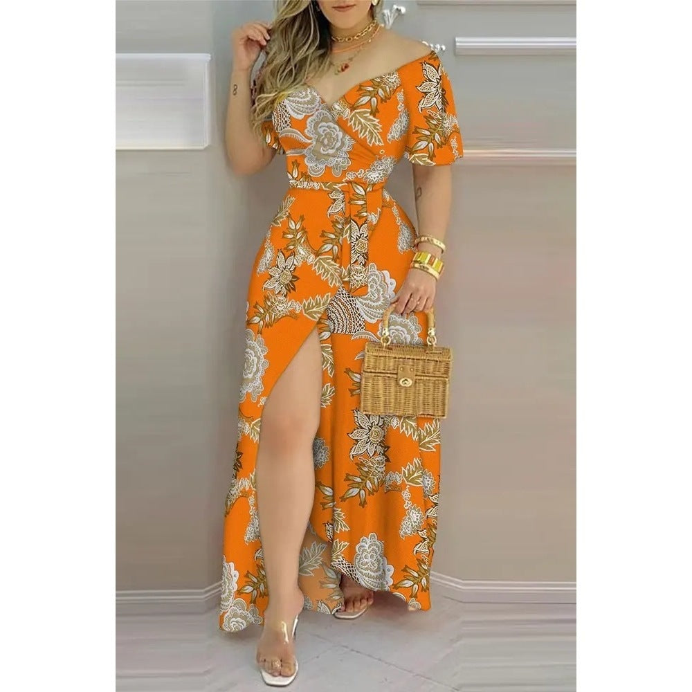 Floral Print Split Thigh Belted Wrap Maxi Dress