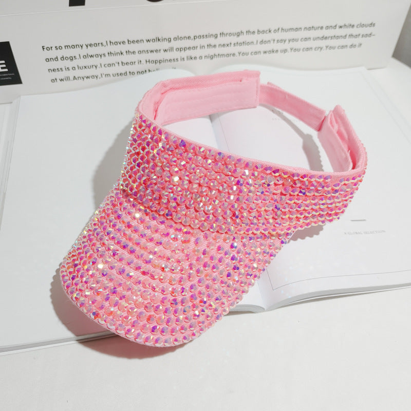 Rhinestone Breathable Big Brim Hollow Top Ladies Outdoor Riding Sun Hat