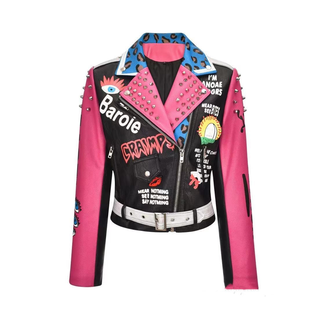New Letter Motorcycle Printing Rivet Short Street Leather Coat For Women