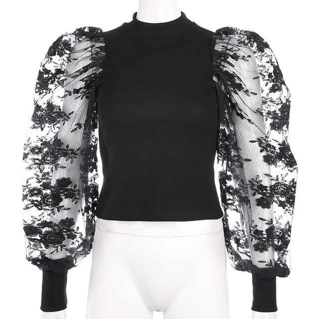 Sexy flower embroidery mesh stitching bubble sleeve jumpsuit