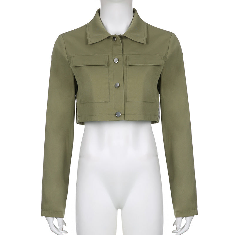 Distressed Multi-pocket Panelled Army Green Lightweight Jacket