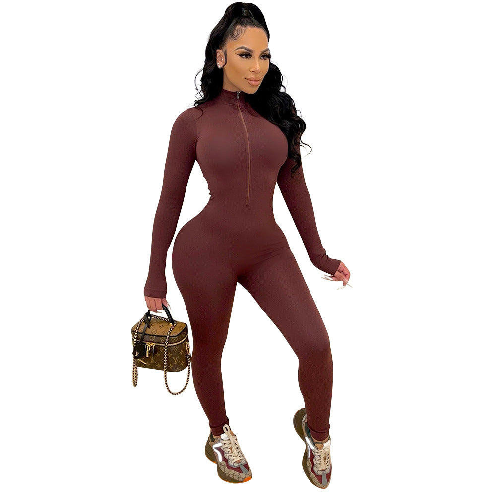 Sports And Leisure Tight-Fitting Long-Sleeved Women Jumpsuit