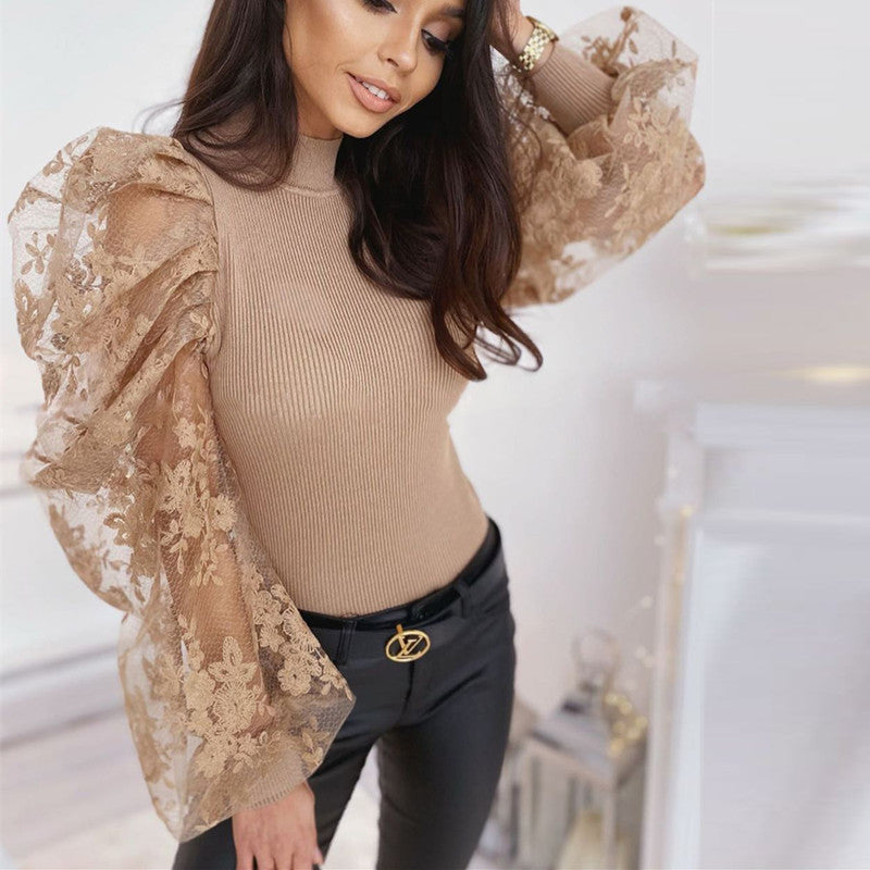 Sexy flower embroidery mesh stitching bubble sleeve jumpsuit