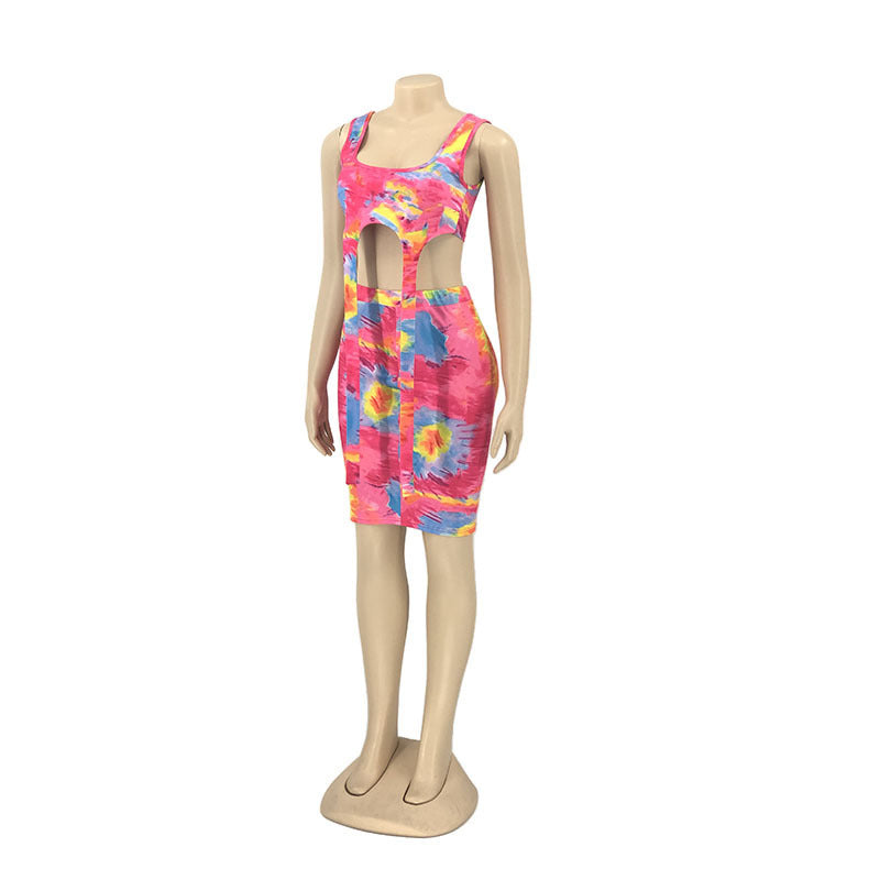 Printed Tie-dye Casual Skirt Outfit Vest Two-piece Set