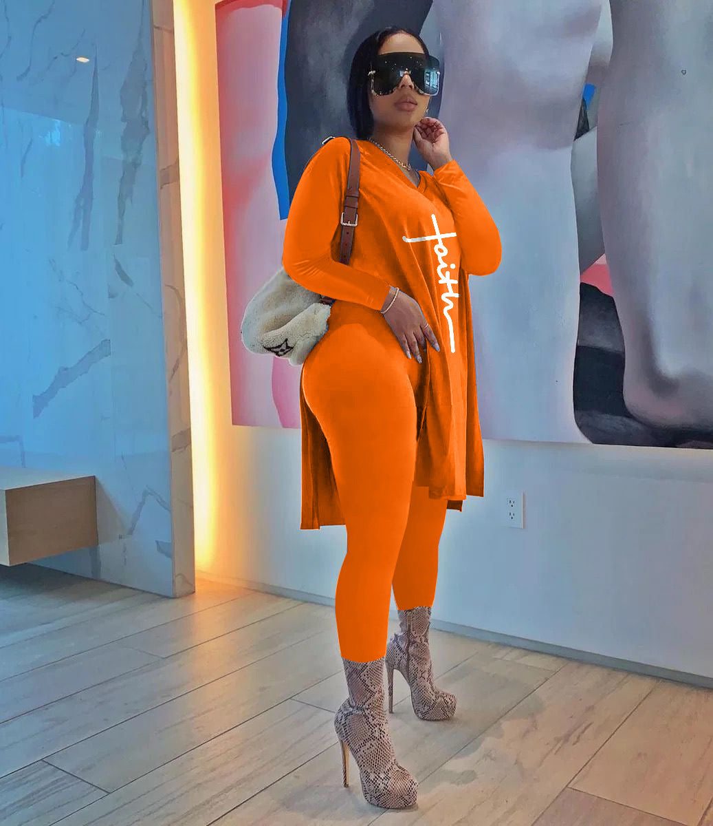 Women's Urban Casual Printed Long Sleeve Trousers Two Piece Set