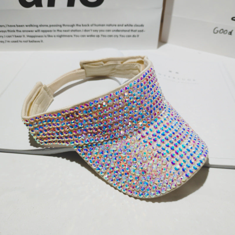 Rhinestone Breathable Big Brim Hollow Top Ladies Outdoor Riding Sun Hat