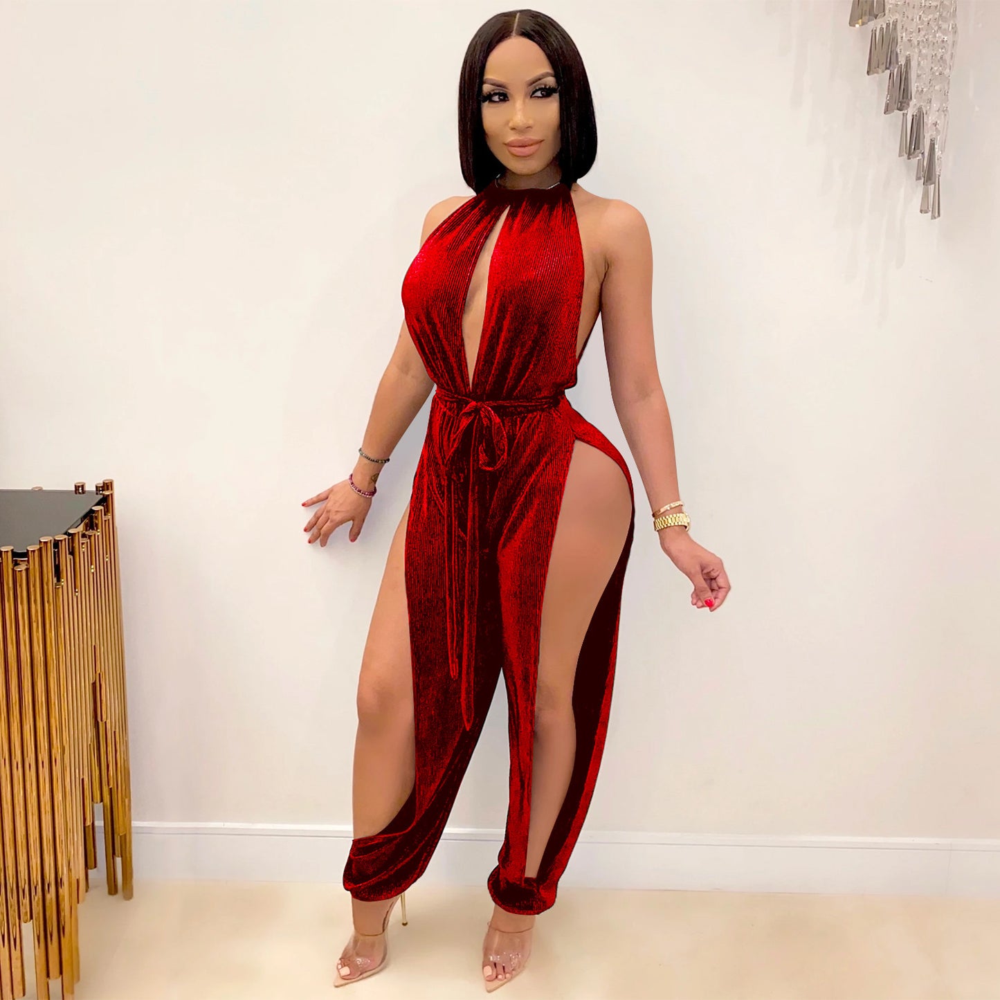Lace-Up Stretch Split Women'S Jumpsuit