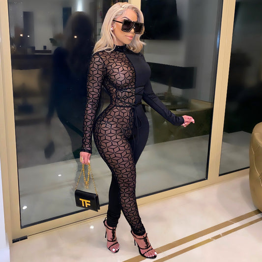 Mesh Stitching Color Long-Sleeved Jumpsuit