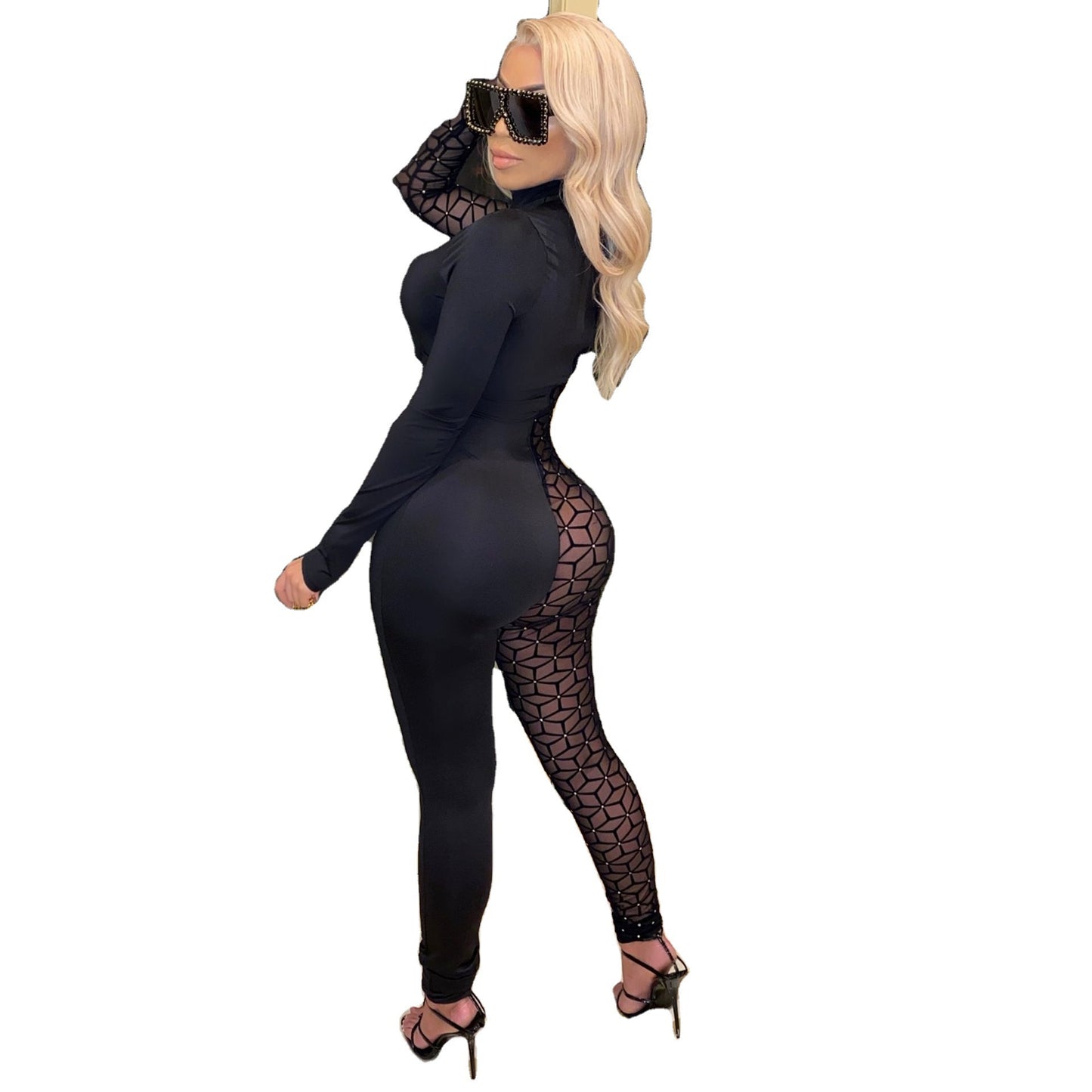 Mesh Stitching Color Long-Sleeved Jumpsuit