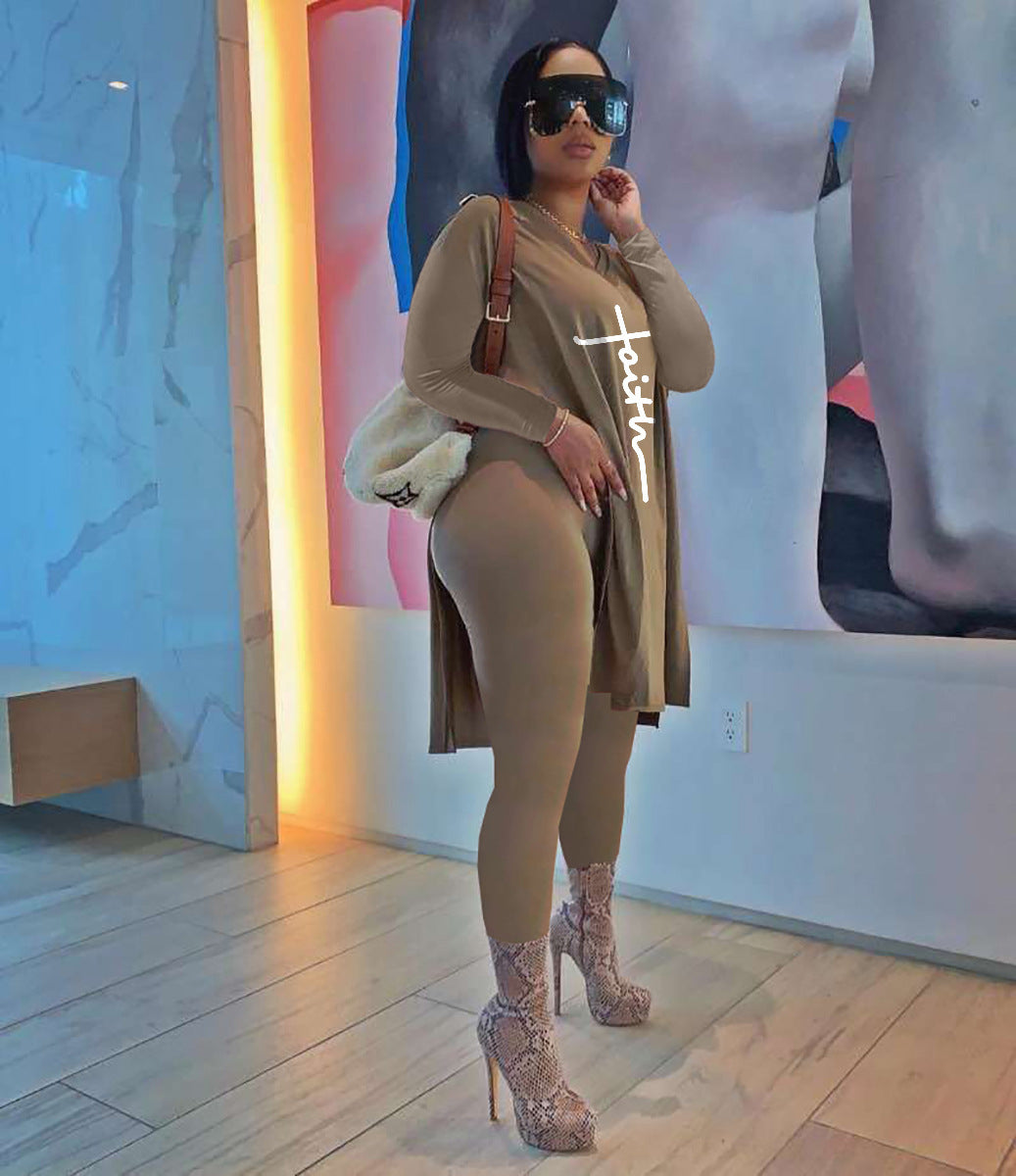 Women's Urban Casual Printed Long Sleeve Trousers Two Piece Set