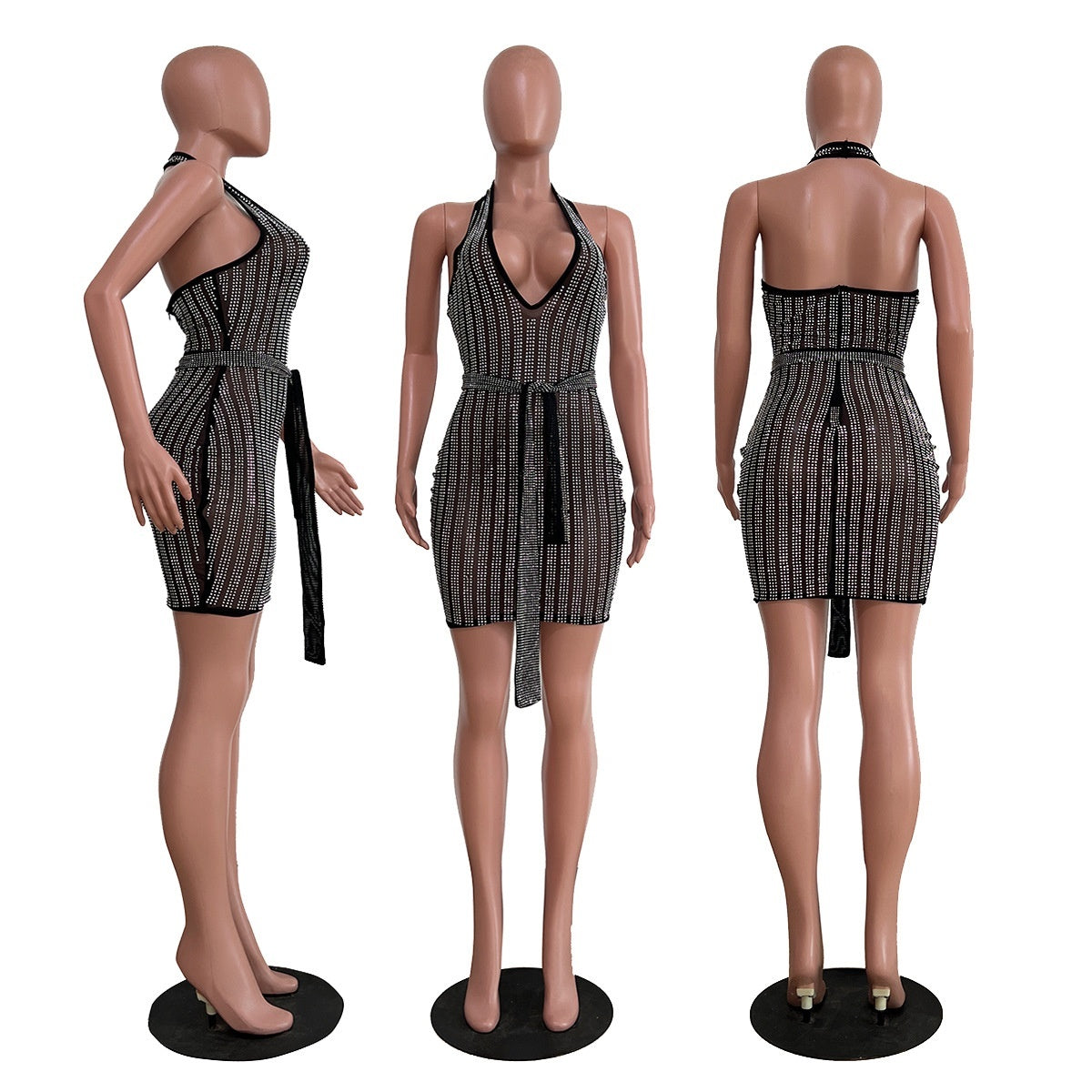 New European And American Women's Clothing Sexy Slim Fit Rhinestone V-neck Sleeveless Dress