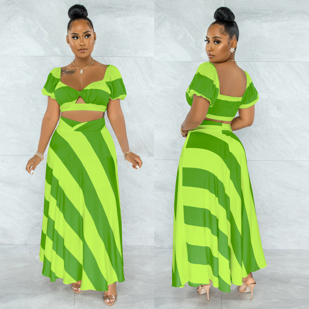 New European And American Women's  Navel Long Skirt Two-piece Set