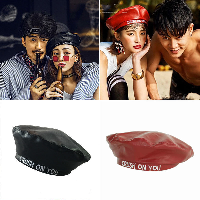 Female Autumn And Winter Alphabet Casual Leather Beret Painter Hat