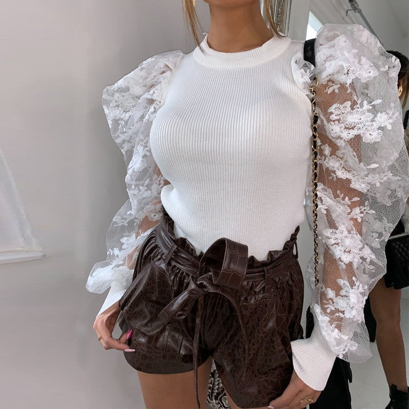 Sexy flower embroidery mesh stitching bubble sleeve jumpsuit