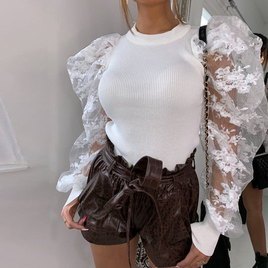 Sexy flower embroidery mesh stitching bubble sleeve jumpsuit