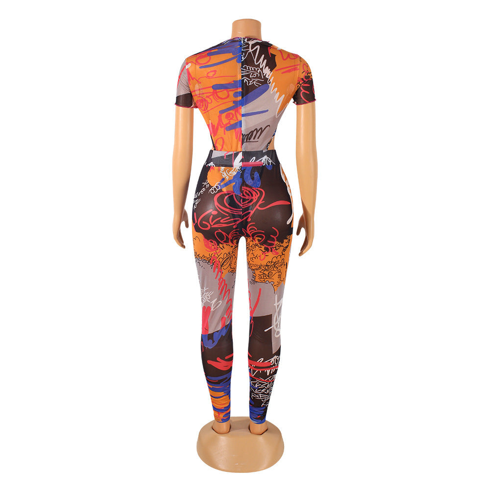 Sexy Mesh Printed See-Through Jumpsuit Two-Piece Trousers Suit
