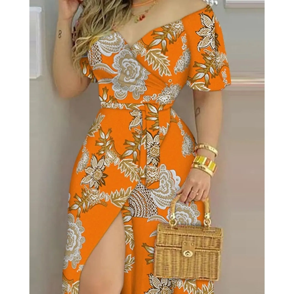 Floral Print Split Thigh Belted Wrap Maxi Dress