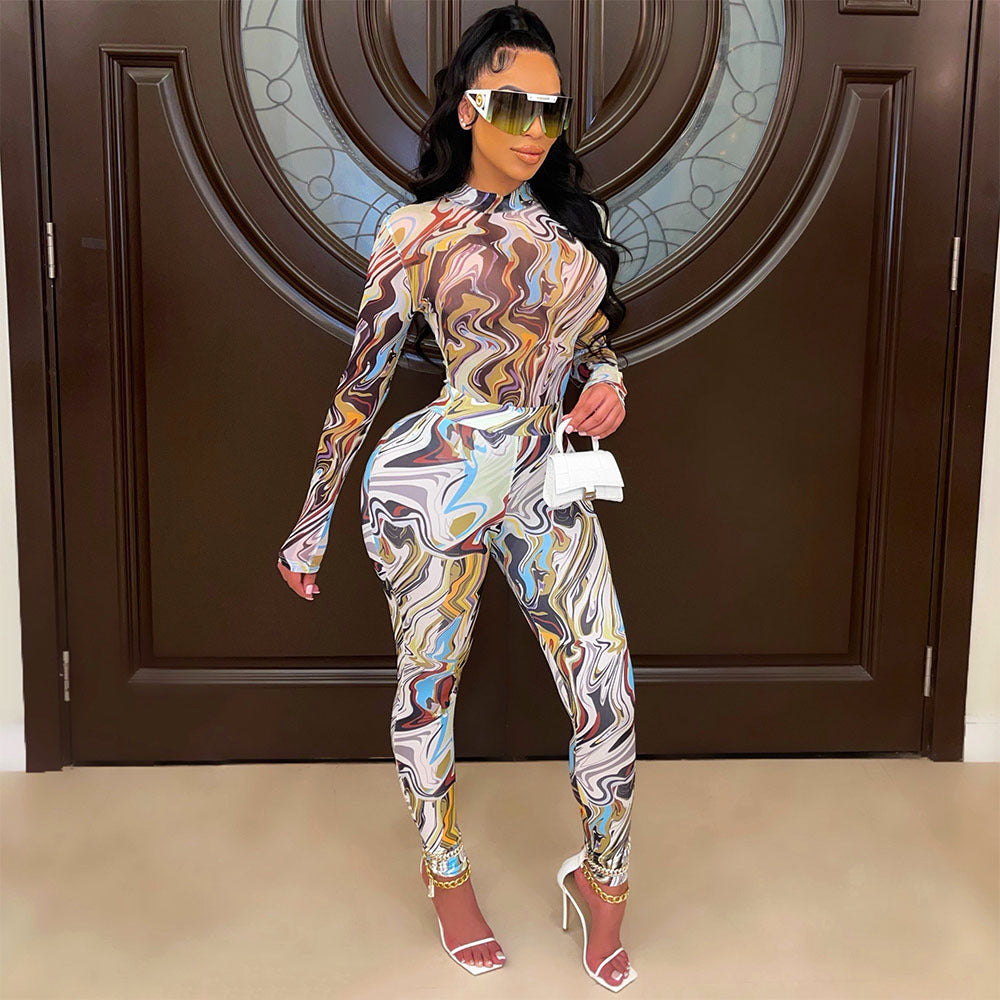 Sexy Mesh Printed Long-Sleeved Skinny Casual Jumpsuit
