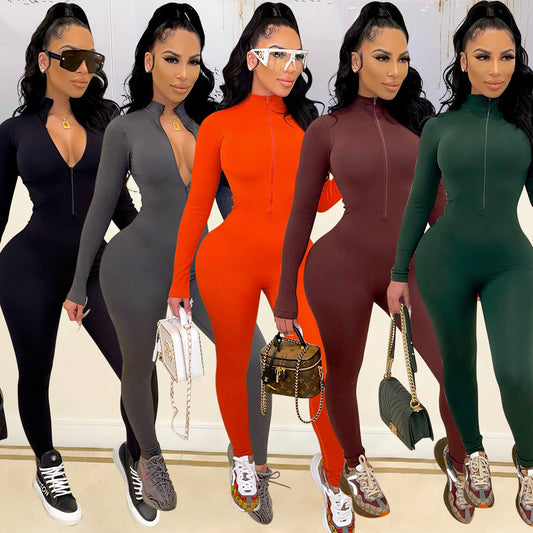 Sports And Leisure Tight-Fitting Long-Sleeved Women Jumpsuit