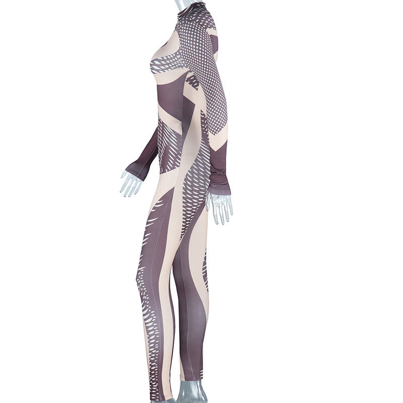 Irregular Fashion Printed Long Sleeve Long Tight Sports Jumpsuit