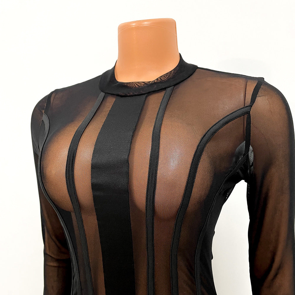 Sexy Mesh Stitching Long-Sleeved Solid Color Dress