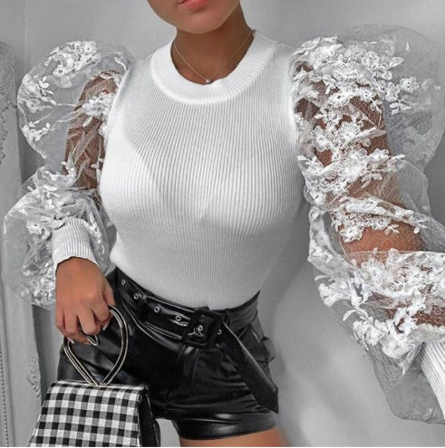 Sexy flower embroidery mesh stitching bubble sleeve jumpsuit