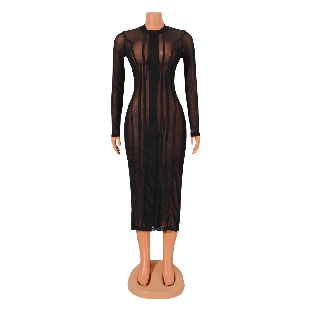Sexy Mesh Stitching Long-Sleeved Solid Color Dress