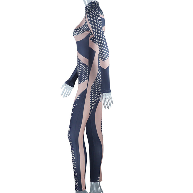 Irregular Fashion Printed Long Sleeve Long Tight Sports Jumpsuit