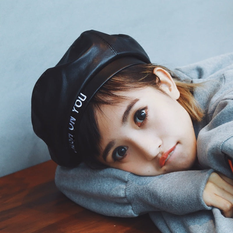 Female Autumn And Winter Alphabet Casual Leather Beret Painter Hat