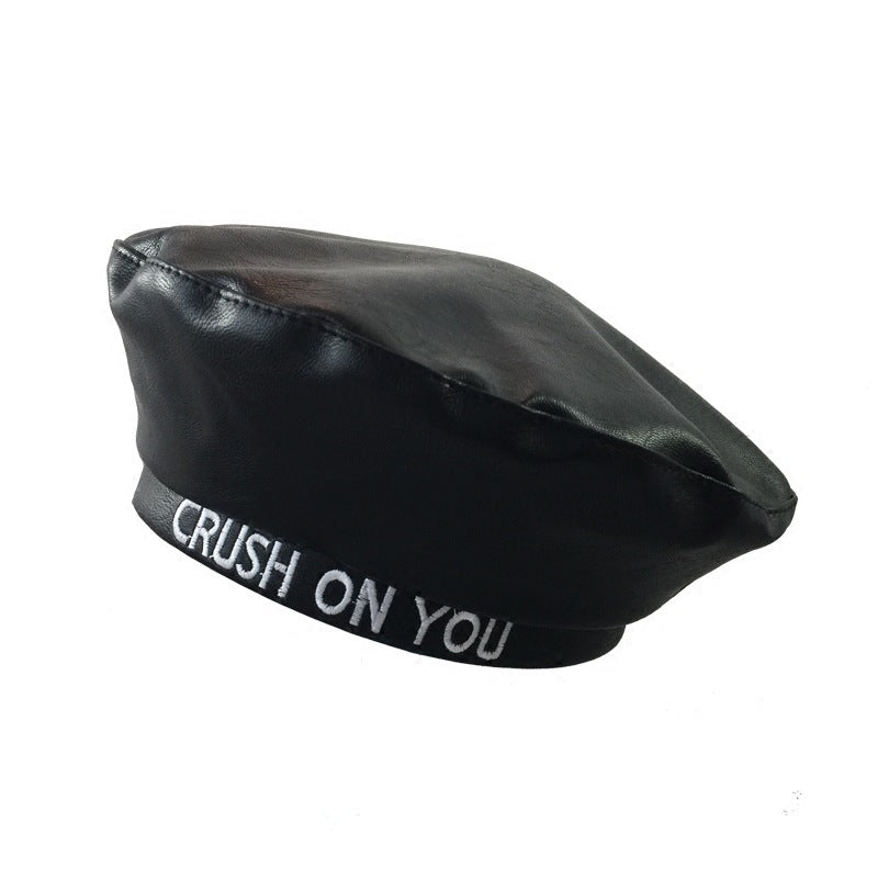 Female Autumn And Winter Alphabet Casual Leather Beret Painter Hat