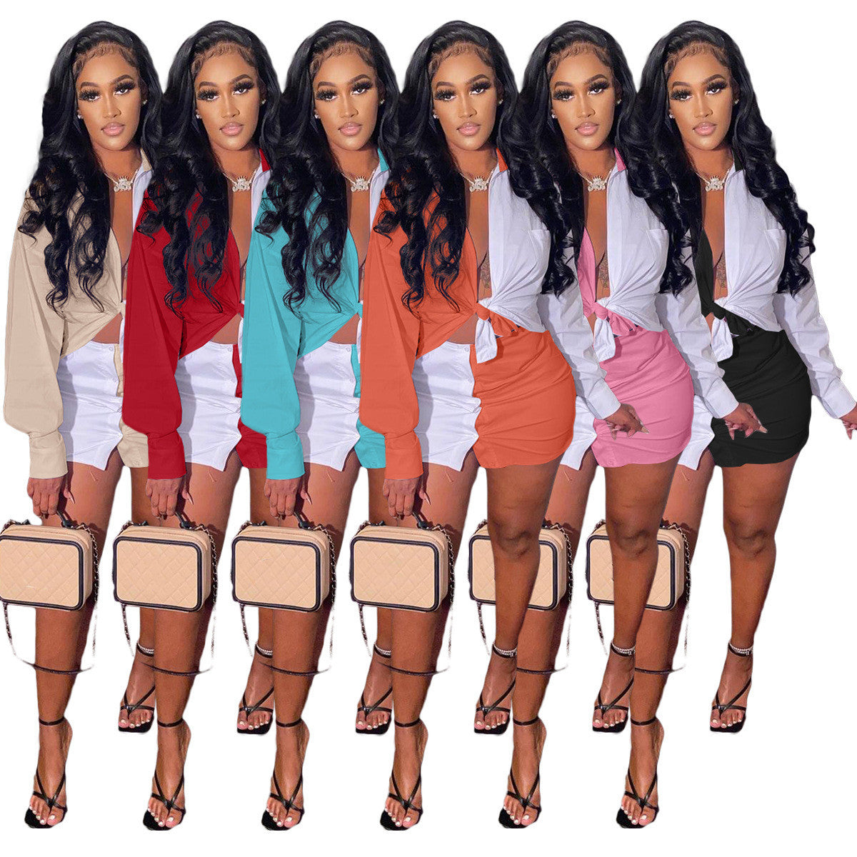 Casual Pocket Contrast Shirt Button Skirt Two-piece Suit