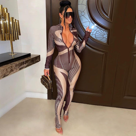 Irregular Fashion Printed Long Sleeve Long Tight Sports Jumpsuit