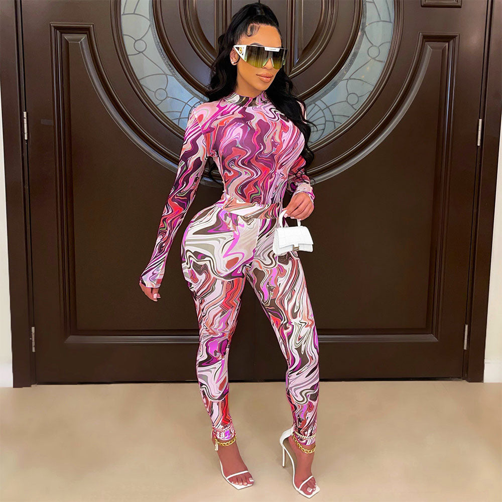 Sexy Mesh Printed Long-Sleeved Skinny Casual Jumpsuit