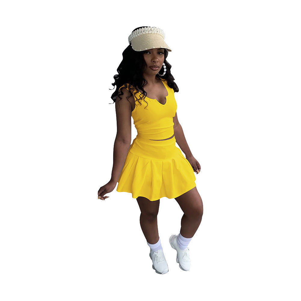 Solid Color And V-neck Sleeveless Pleated Pants Skirt Tennis Skirt Suit