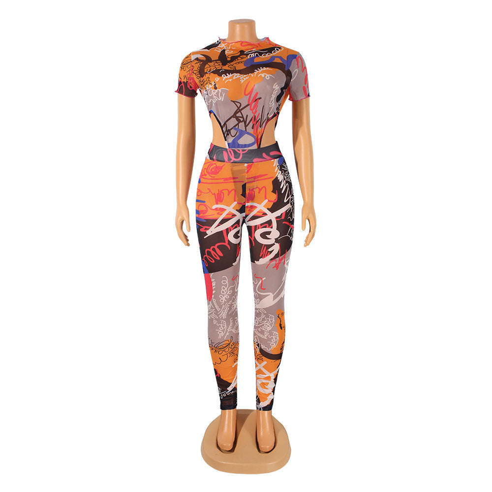 Sexy Mesh Printed See-Through Jumpsuit Two-Piece Trousers Suit