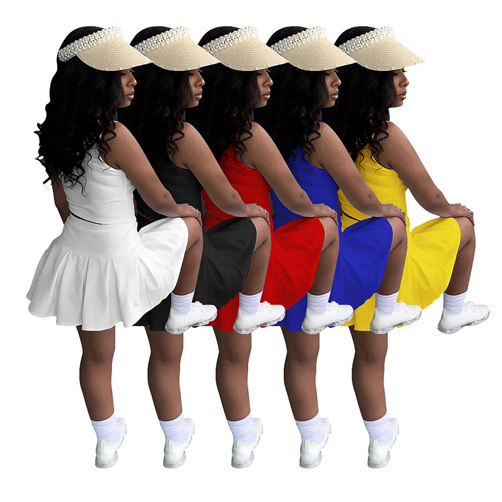 Solid Color And V-neck Sleeveless Pleated Pants Skirt Tennis Skirt Suit