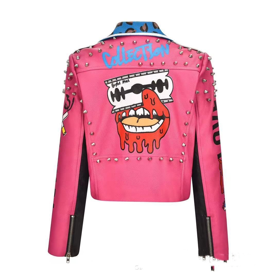 New Letter Motorcycle Printing Rivet Short Street Leather Coat For Women