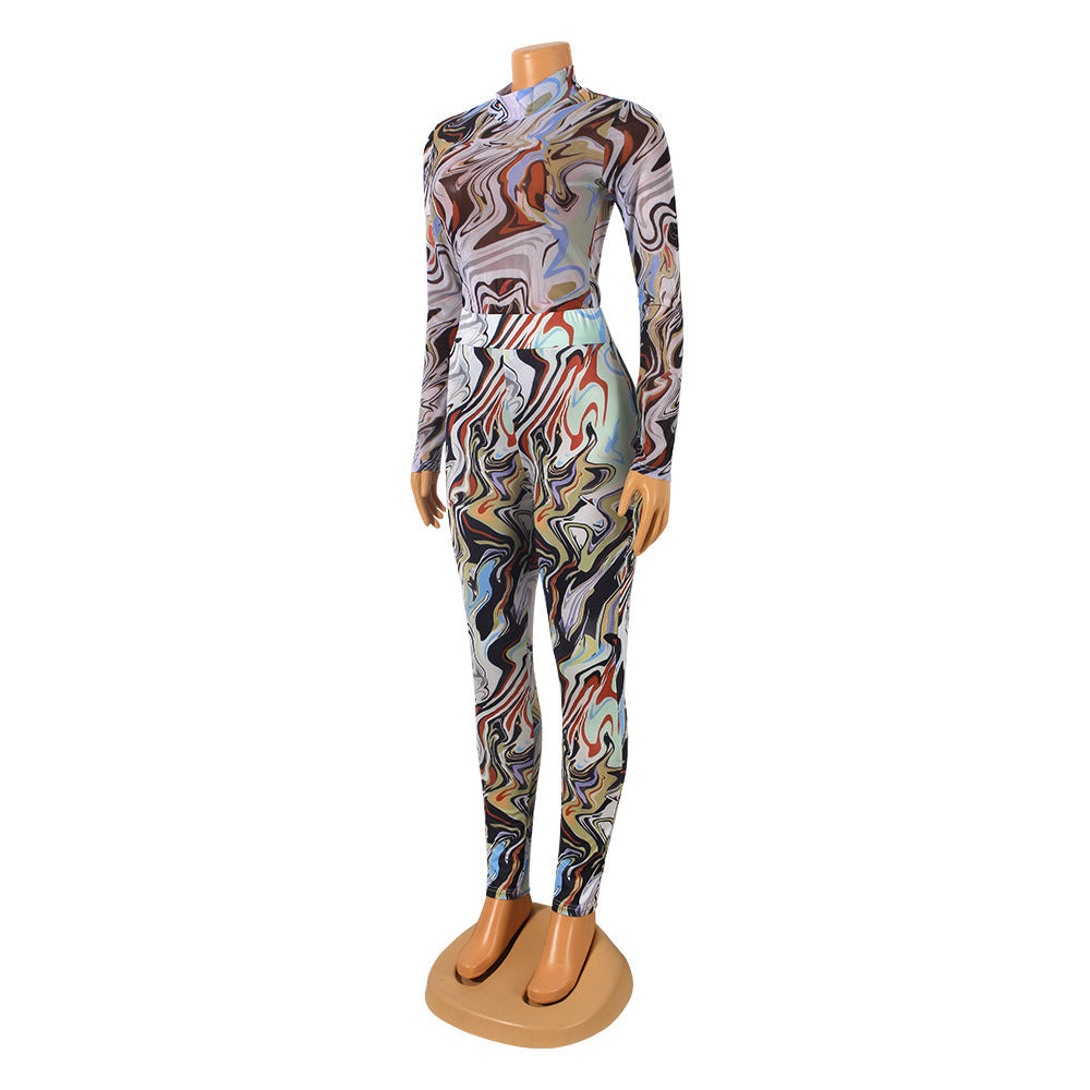 Sexy Mesh Printed Long-Sleeved Skinny Casual Jumpsuit