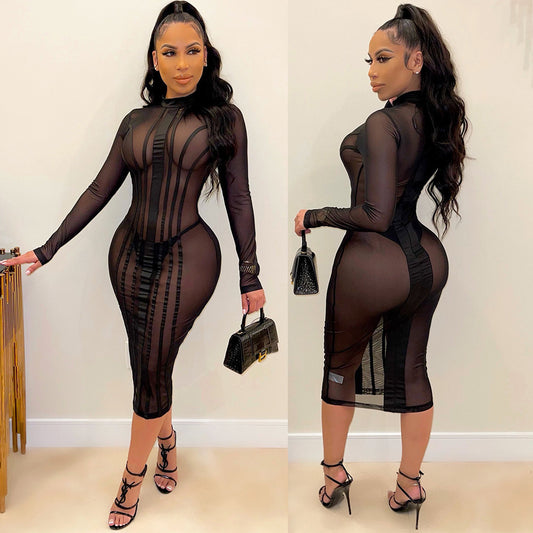 Sexy Mesh Stitching Long-Sleeved Solid Color Dress
