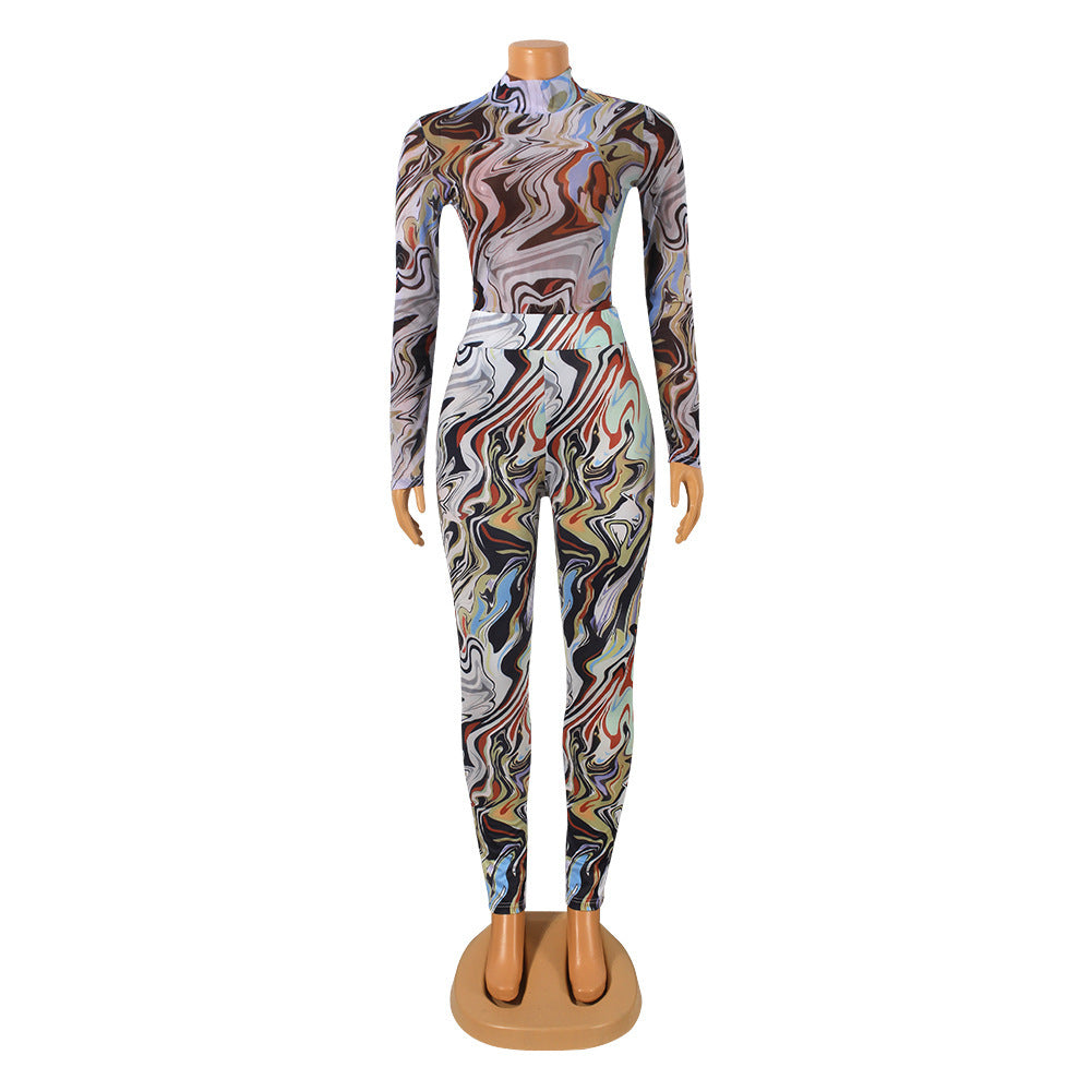 Sexy Mesh Printed Long-Sleeved Skinny Casual Jumpsuit