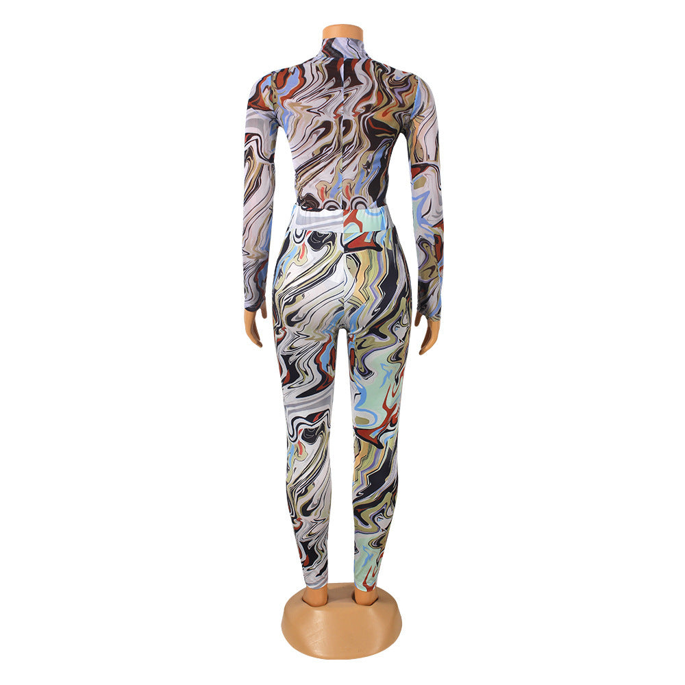 Sexy Mesh Printed Long-Sleeved Skinny Casual Jumpsuit