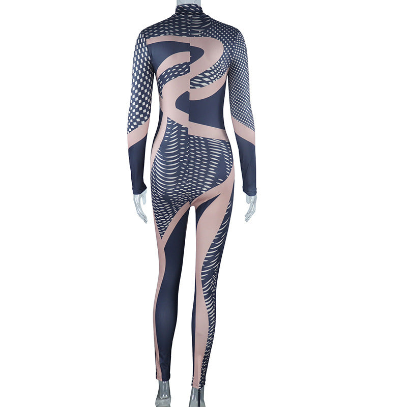 Irregular Fashion Printed Long Sleeve Long Tight Sports Jumpsuit