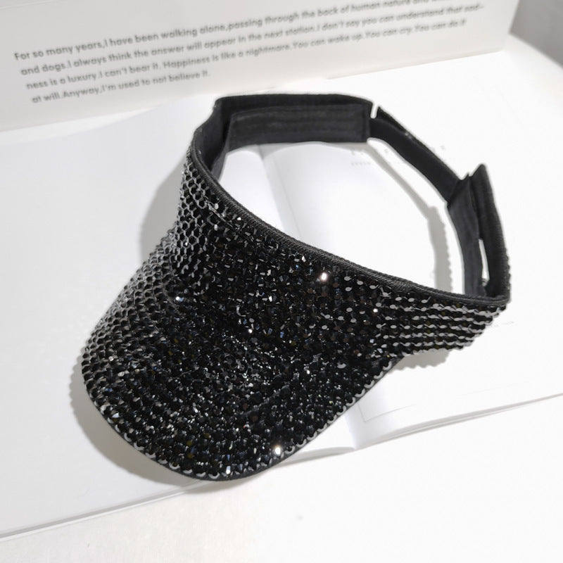 Rhinestone Breathable Big Brim Hollow Top Ladies Outdoor Riding Sun Hat