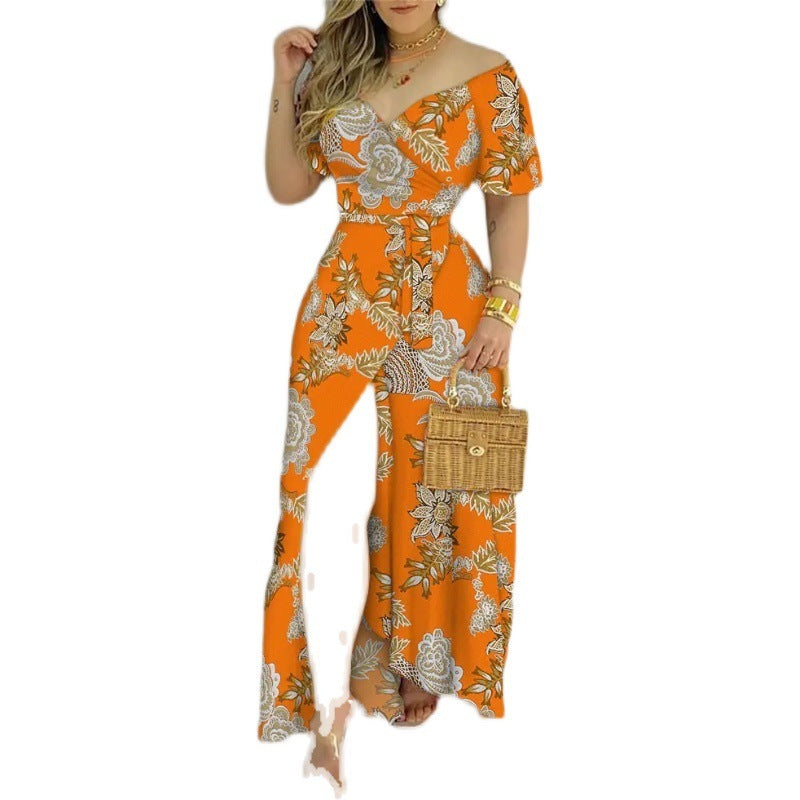 Floral Print Split Thigh Belted Wrap Maxi Dress